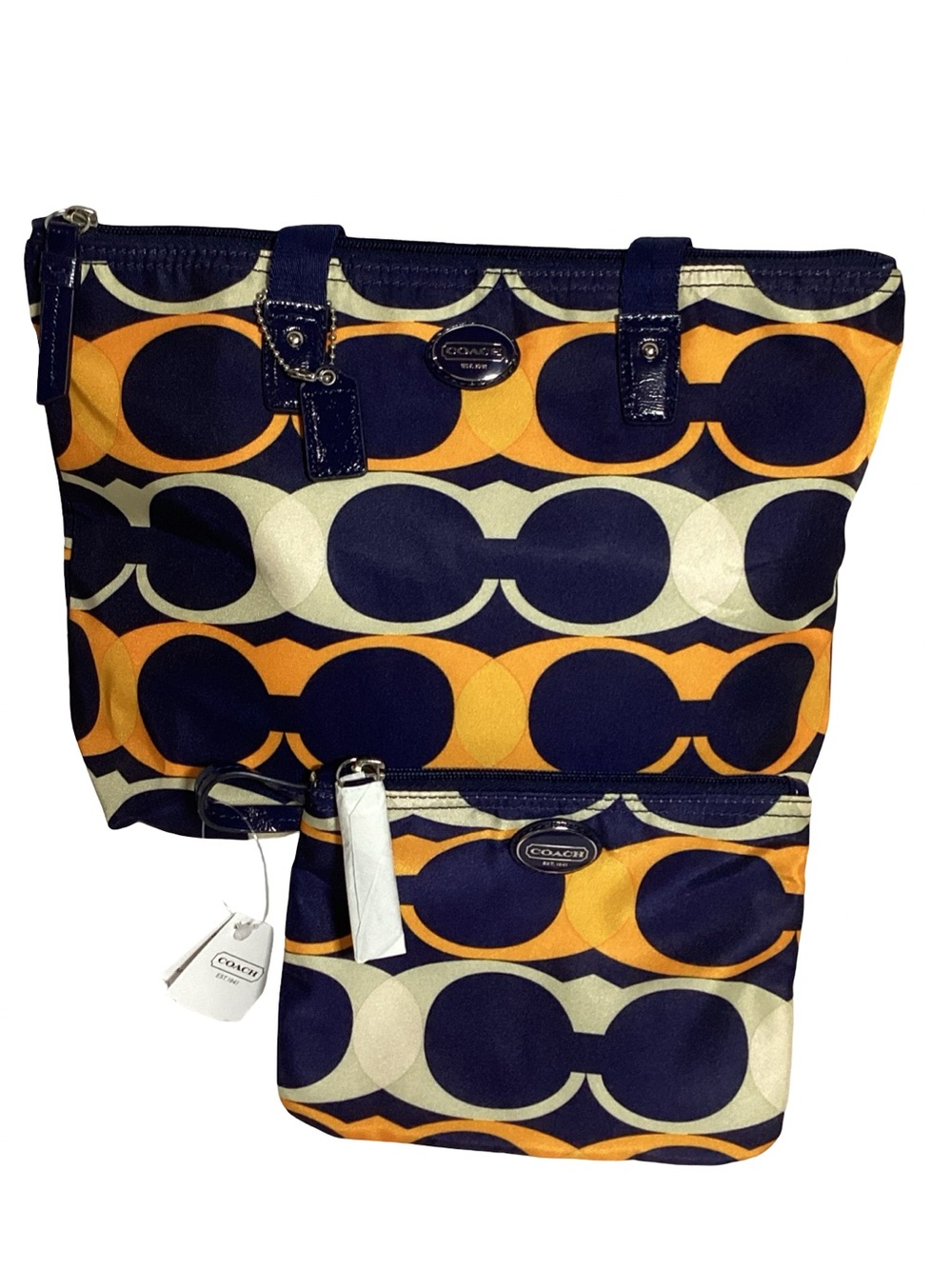 COACH 2pc Signature Nylon Small Travel Tote & Cosmetic Bag NEW Navy, Orange